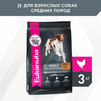 Сухие корма Eukanuba Сухой корм для взрослых собак средних пород Eukanuba с птицей, 3 кг Сухие корма Eukanuba Сухой корм для взрослых собак средних пород Eukanuba с птицей, 3 кг (фото)