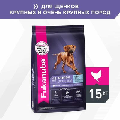 Сухие корма Eukanuba Сухой корм для щенков крупных и очень крупных пород Eukanuba с птицей, 15 кг Сухие корма Eukanuba Сухой корм для щенков крупных и очень крупных пород Eukanuba с птицей, 15 кг (фото)